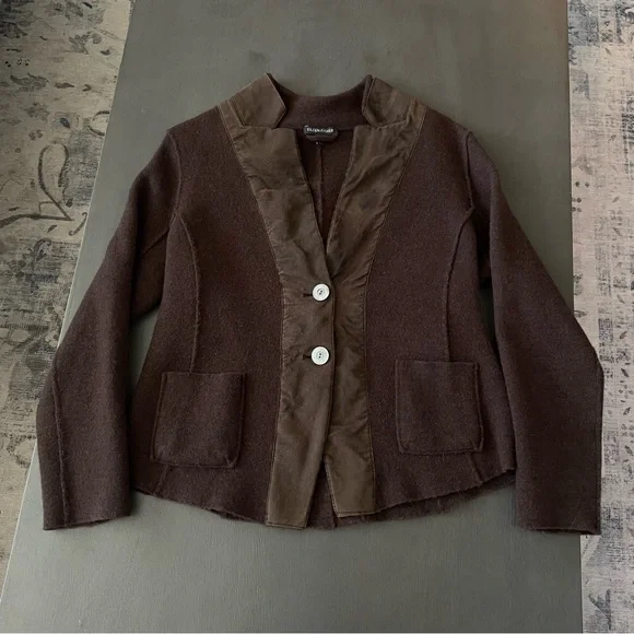 Eileen Fisher Wool and Lamb Leather Blazer Jacket, Brown, Size Large - Picture 4 of 12